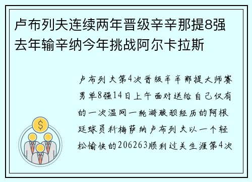 卢布列夫连续两年晋级辛辛那提8强 去年输辛纳今年挑战阿尔卡拉斯